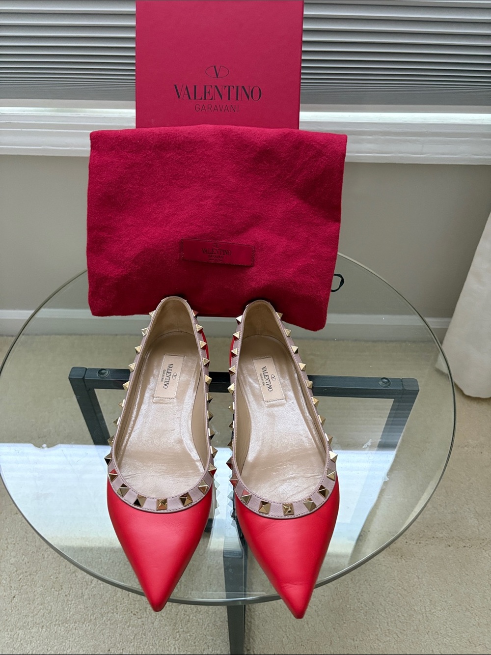 Valentino Red/Orange Leather Studded Pointed Flats